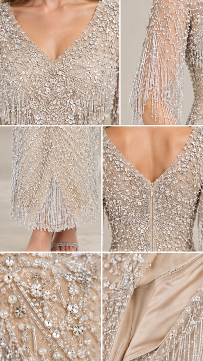 Detailed close-up collage of neckline, fringe sleeve, beaded hem, and lined interior