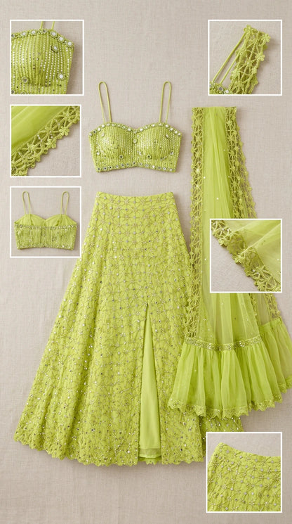 Lime green 3-piece lehenga set flat lay and fabric detail close-ups