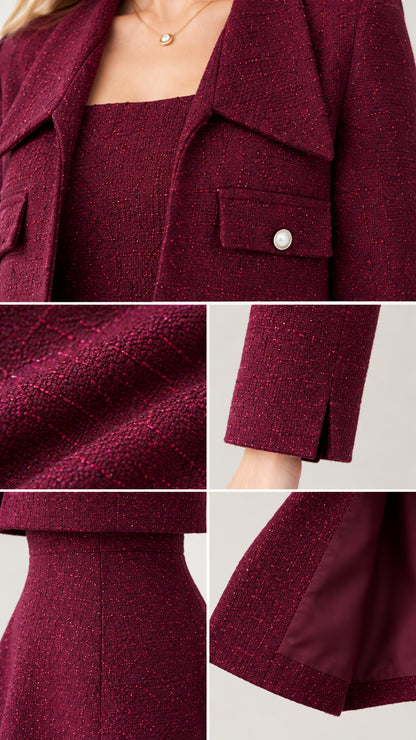 Close-up details of burgundy tweed texture, pearl button, and cuff slit