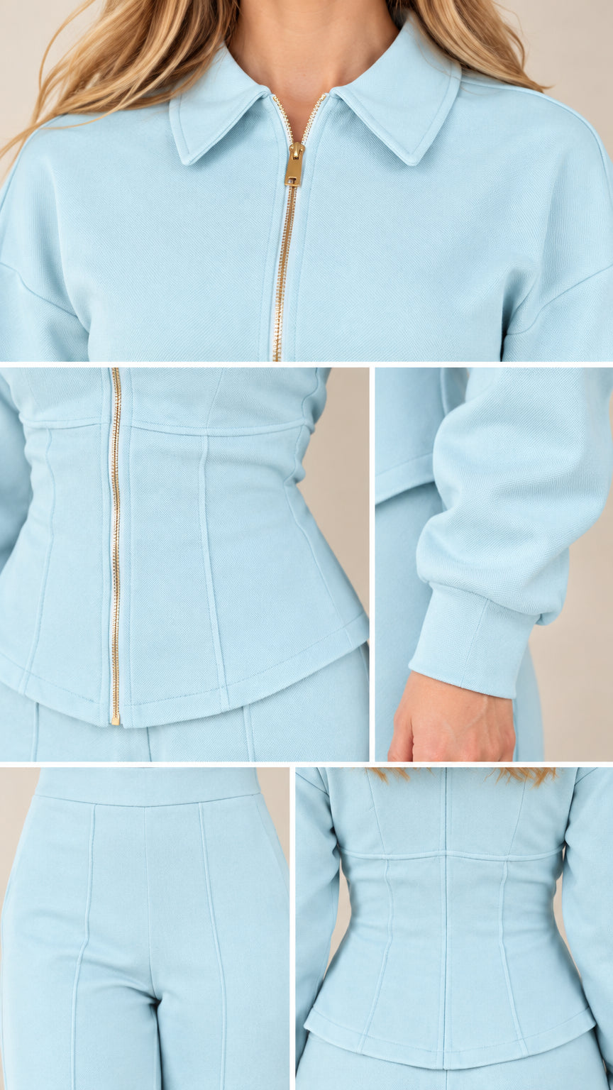Close-up detail shots showing collar, zipper, corset seams, cuffs, and pant waistband