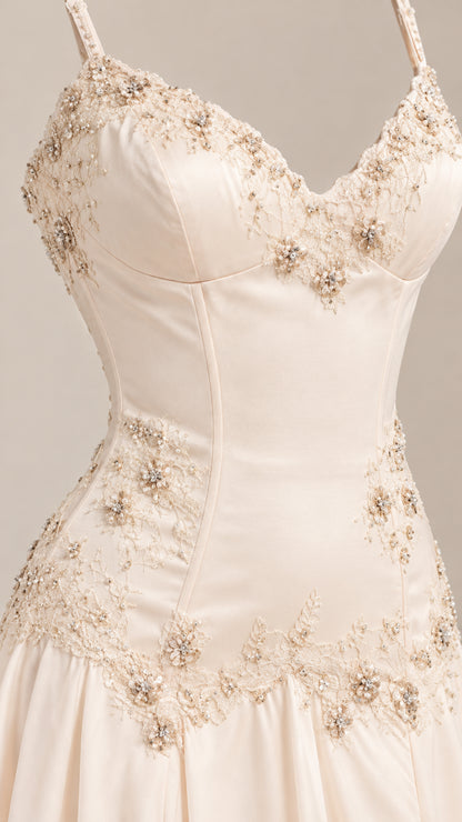 Close-up detail of sweetheart neckline and delicate beaded floral embroidery on champagne bodice