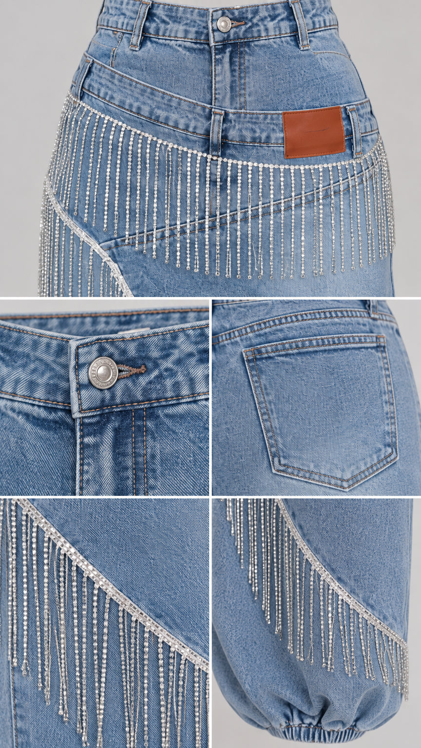 Close-up details of waist button, front pocket, and sparkling rhinestone fringe