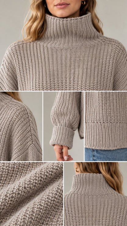 Close-up detail collage showing rib knit texture, neckline, cuff, and hem