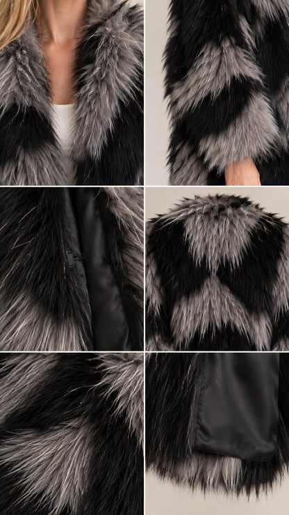Close-up detail collage showing the shaggy faux fur texture, lining, and chevron construction