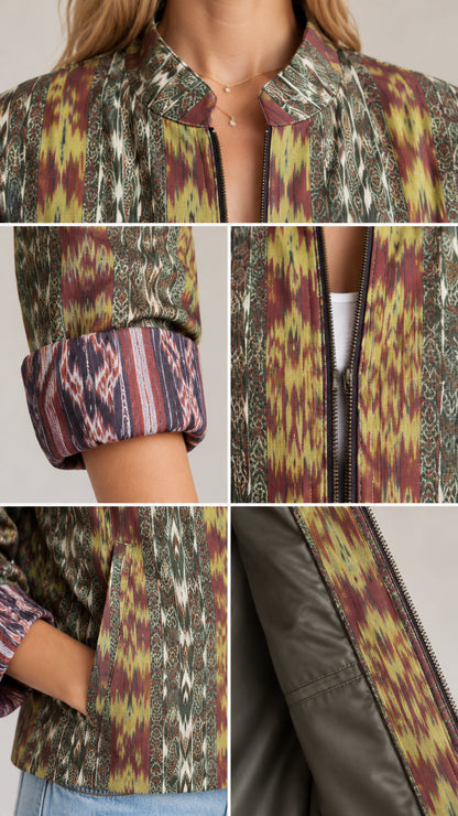 Detail composite of ikat jacket collar, zipper, side pocket, cuff, and lining