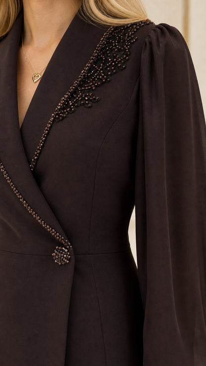 Close-up detail of tonal beaded lapel and sheer sleeve on Chocolate Brown blazer