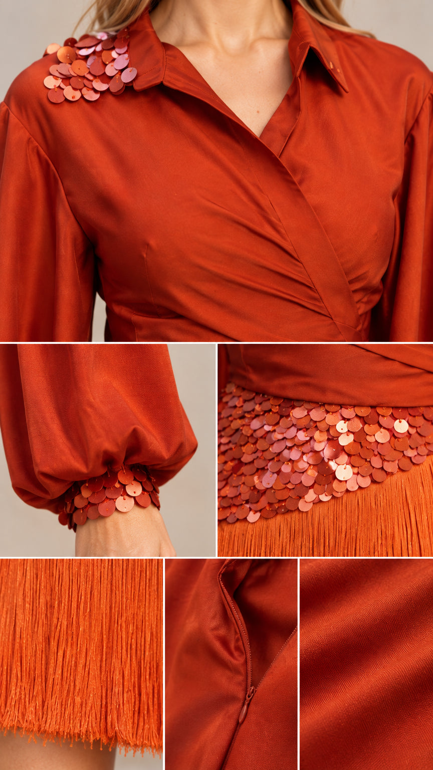 Close-up details of collar sequins, cuff embellishment, waist sequins, fringe, and zipper on Rust Orange dress