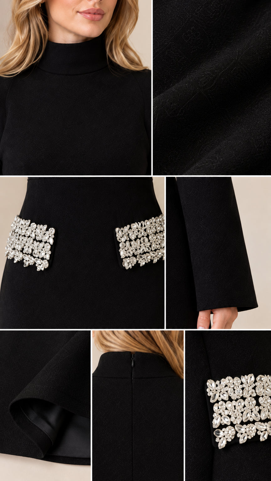 Close-up details of mock neck, crystal-embellished pockets, and fabric texture