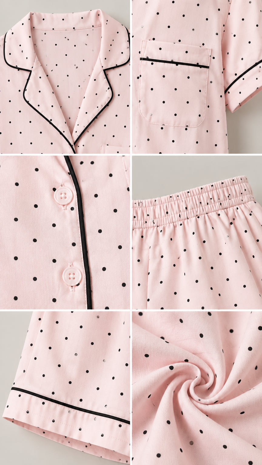 Close-up details of collar, buttons, elastic waistband, and fabric texture of pink polka dot pajamas