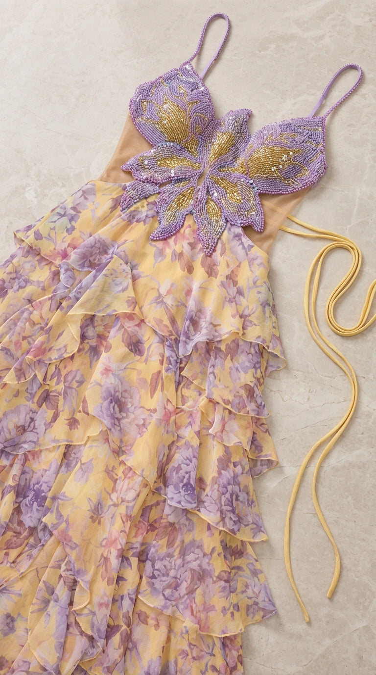 Flat lay detail of pastel yellow chiffon dress with intricately embroidered butterfly bodice