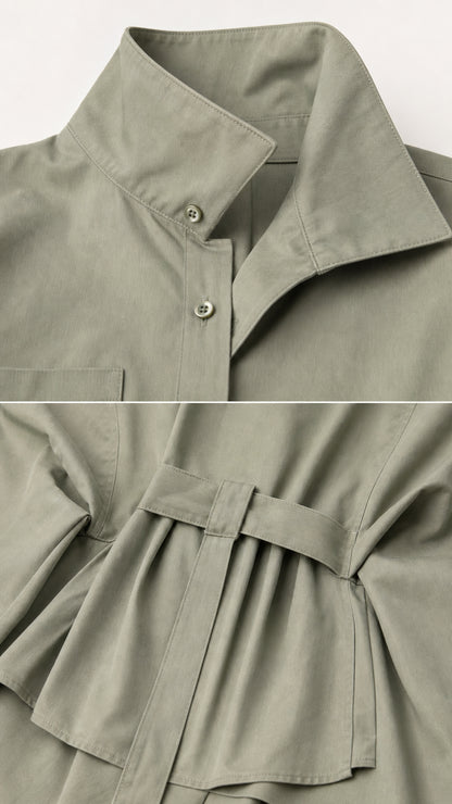 Close-up details of the collar, button placket, and back waist tab of Sage Green two-piece set