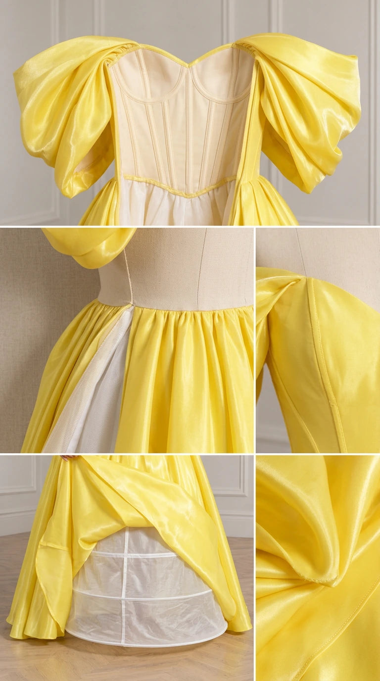 Interior and construction detail collage showing bodice boning, waist pleats, and lining