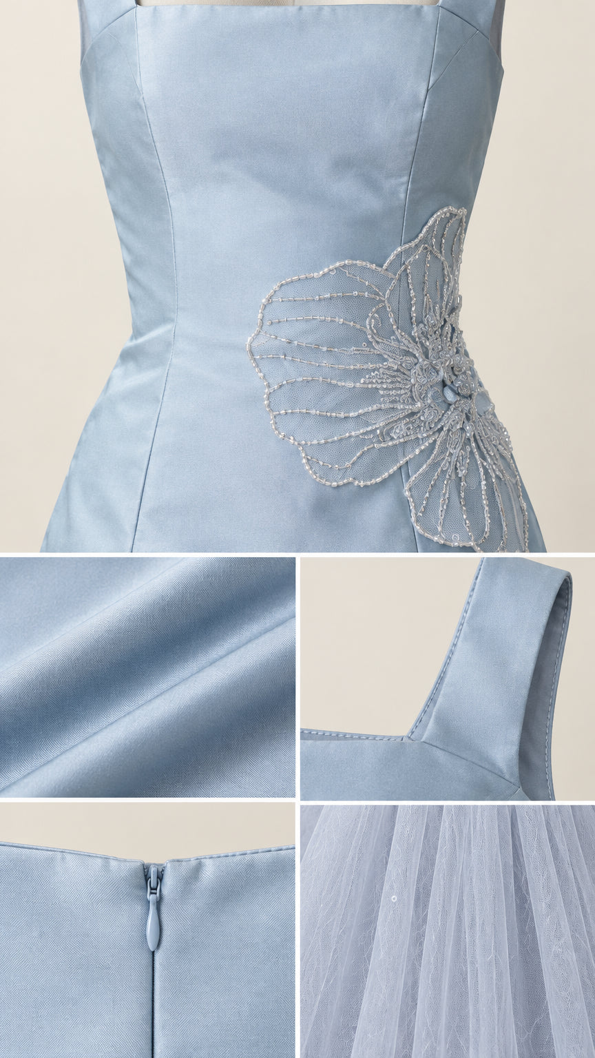 Detailed close up of beaded floral embroidery, satin bodice texture, strap, and tulle skirt fabric