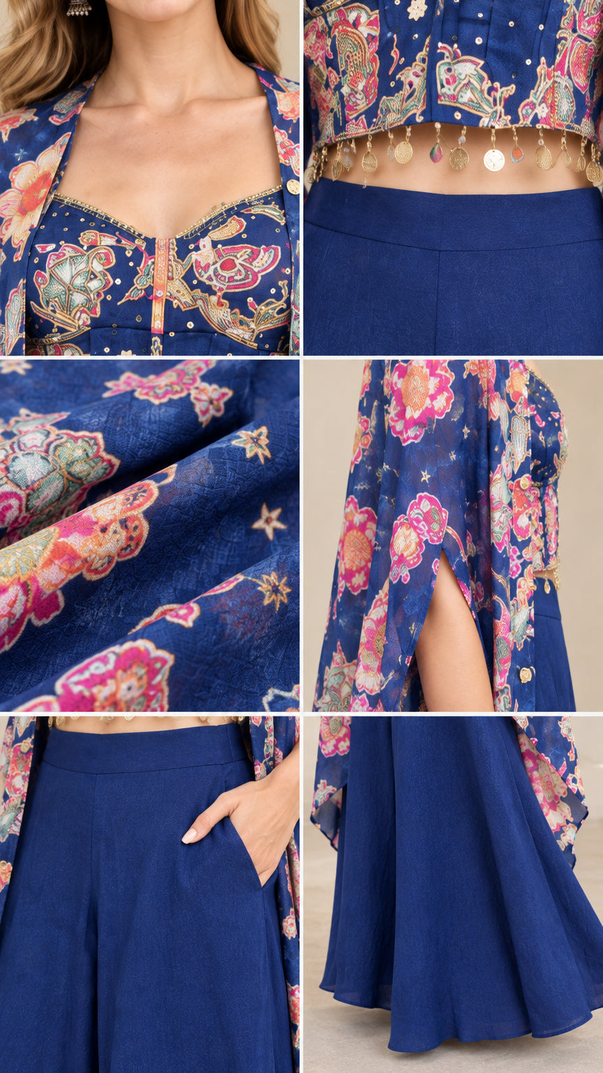 Close-up details of sweetheart neckline, fringe coin hem, and pocket construction