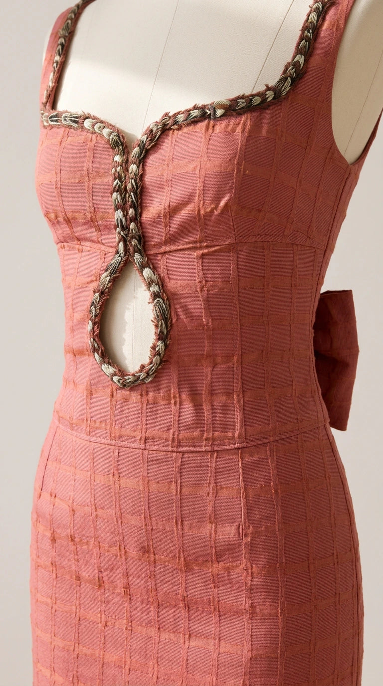 Close-up of textured woven fabric and braided trim teardrop cutout detail