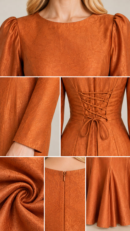 Detailed close-ups of neckline, sleeves, corset lacing, zipper, and textured jacquard fabric