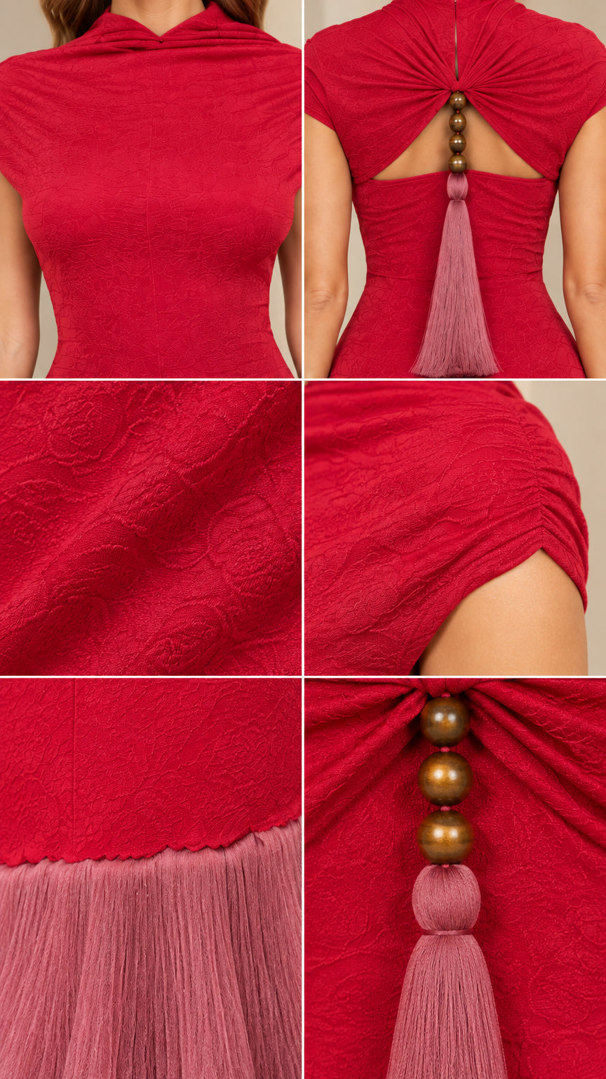 Close-up details of draped neck, textured fabric, back tassel, and fringe hem