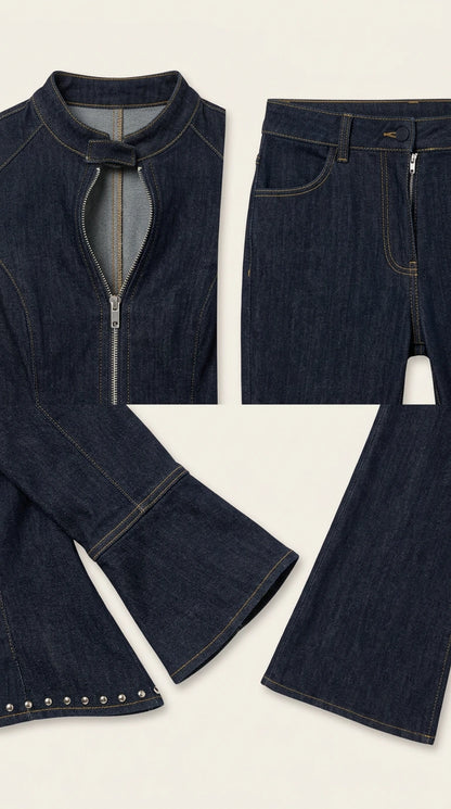 Close-up detail of dark indigo keyhole collar, front zipper, bell cuffs, and denim pockets