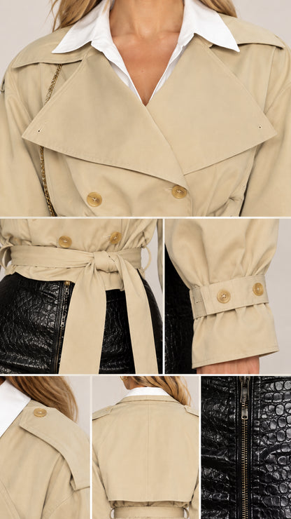 Close-up detail collage of lapels, tie belt, buttoned cuff tabs, and back storm flap on khaki trench jacket