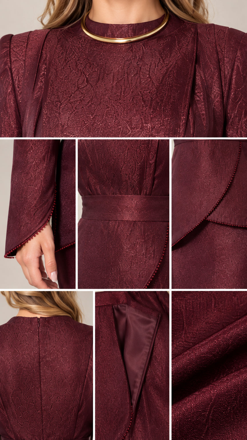 Close-up details of metallic neckline, beaded cuffs, peplum waistband, and fabric texture