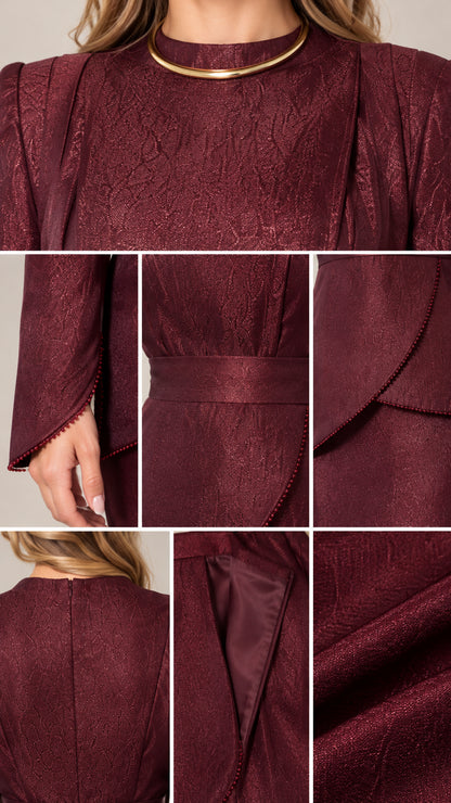Close-up details of metallic neckline, beaded cuffs, peplum waistband, and fabric texture