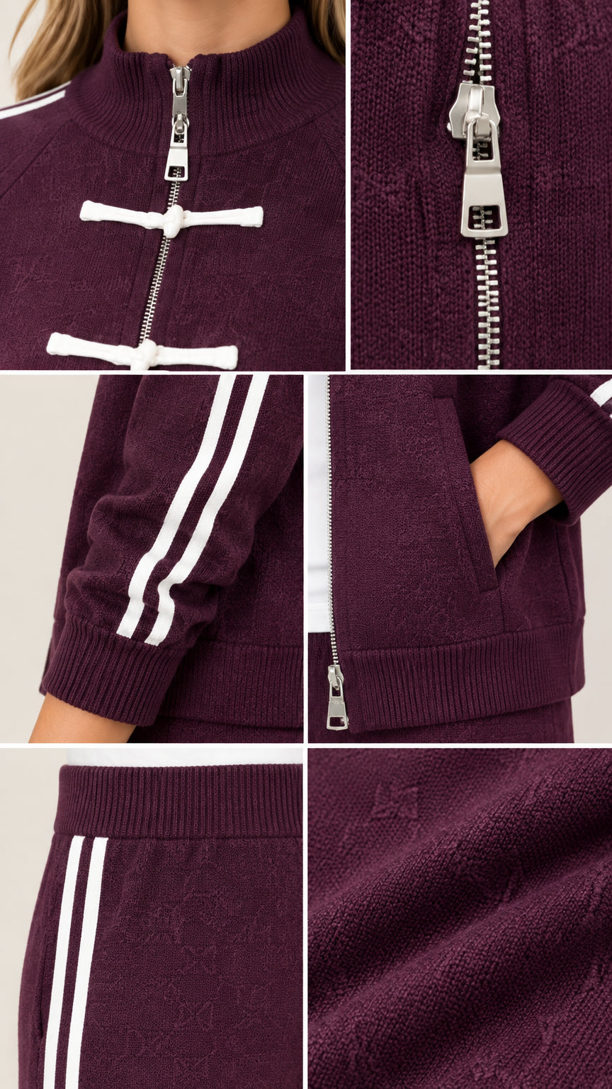 Close up detail view of zipper, frog knot toggles, knit texture, and pockets