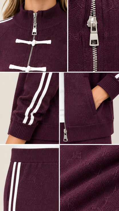 Close up detail view of zipper, frog knot toggles, knit texture, and pockets