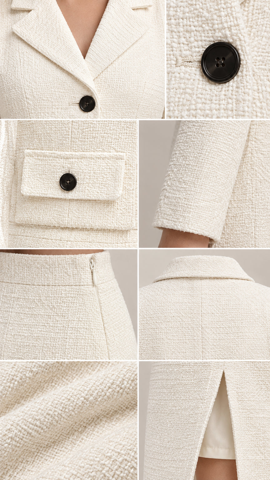 Close-up detail of tweed fabric texture, buttons, lapel, and side zipper