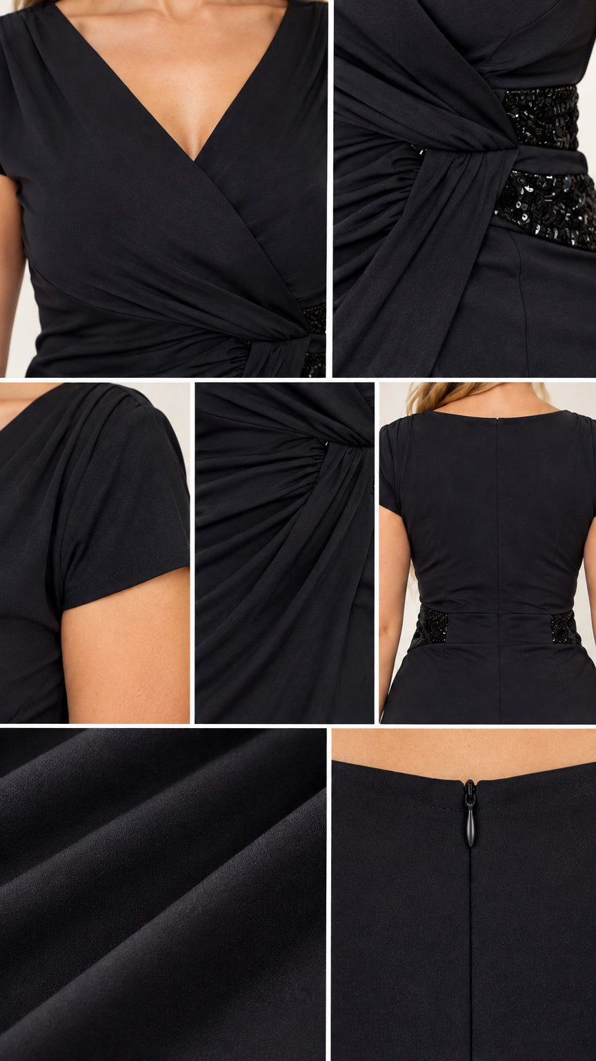 Close-up details of V-neckline, beaded waist accent, cap sleeves, and back zipper