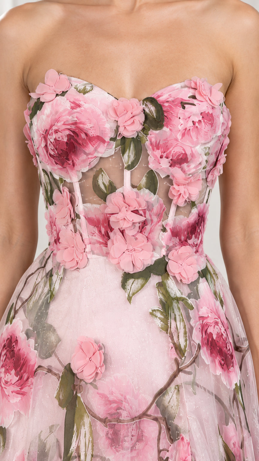 Close-up detail of sweetheart neckline and 3D floral applique corset bodice in Blush Pink
