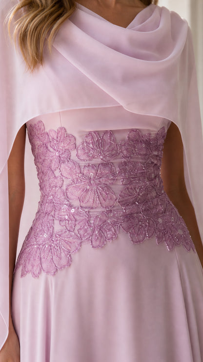 Close up view of cowl neck drape and floral lace embroidery at waist in lilac