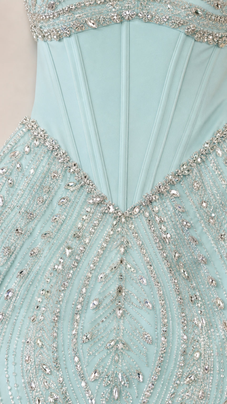 Close-up detail of Ice Blue corset bodice with boning and crystal beadwork