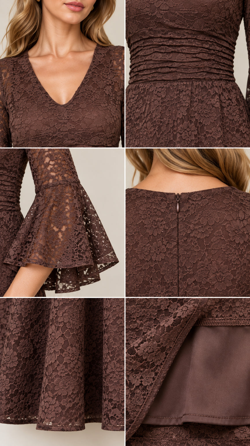 Close-up details of lace fabric, V-neckline, ruched waistband, and bell sleeve hem