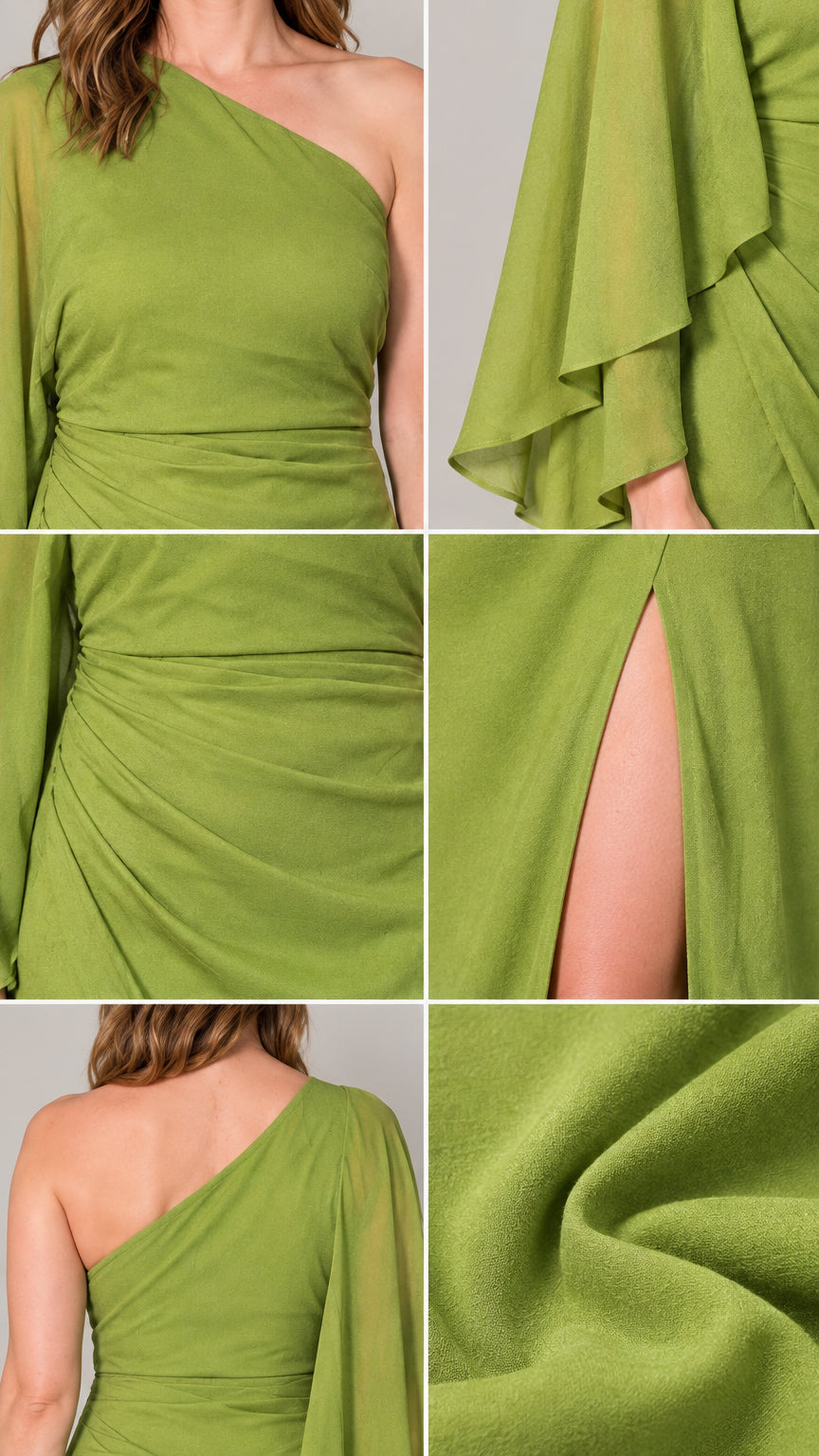 Close-up details of neckline, ruched waist, high slit, and fabric texture