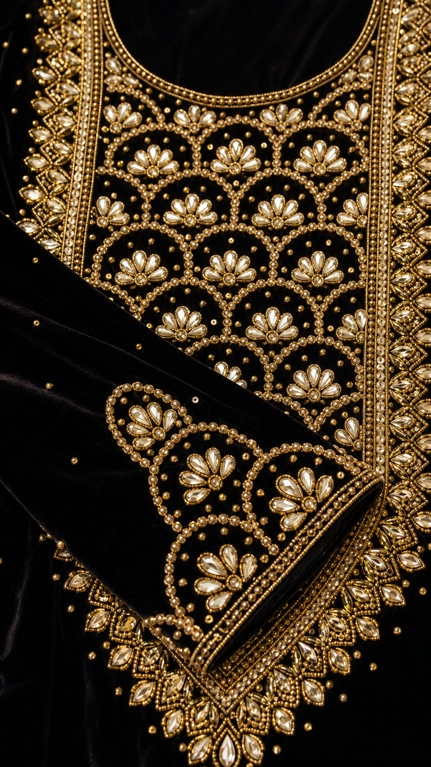Close-up detail of ornate gold metallic embroidery and beadwork on black velvet neckline and cuff