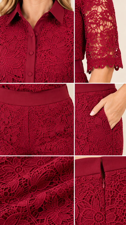 Detail grid showing collar, buttons, lace sheer sleeve, waist band, and pockets on burgundy jumpsuit
