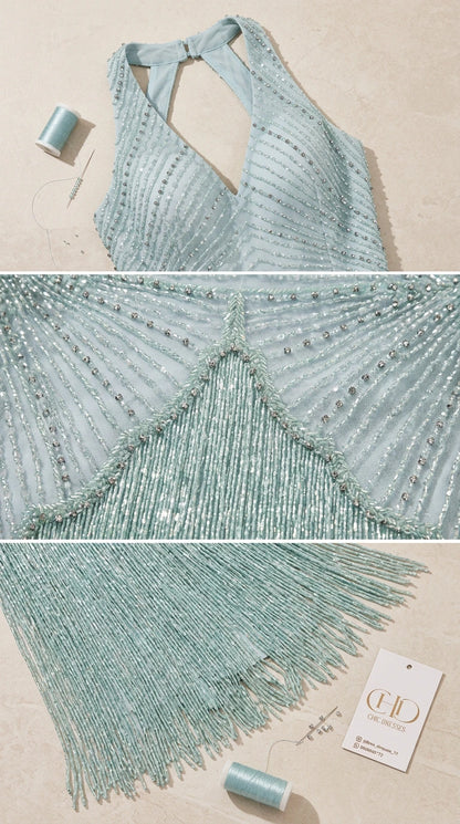 Close-up details of intricate beadwork, halter neckline, and tassel fringe