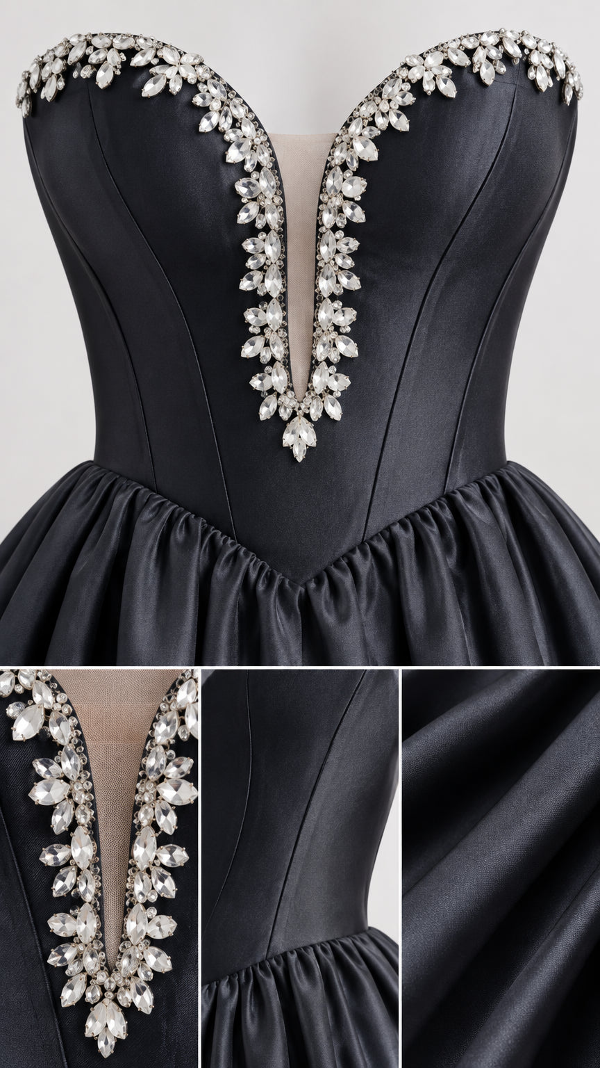 Close-up details of rhinestone sweetheart neckline and satin fabric