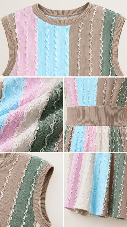 Close-up details of ribbed crewneck, wavy textured knit stripes, and hem