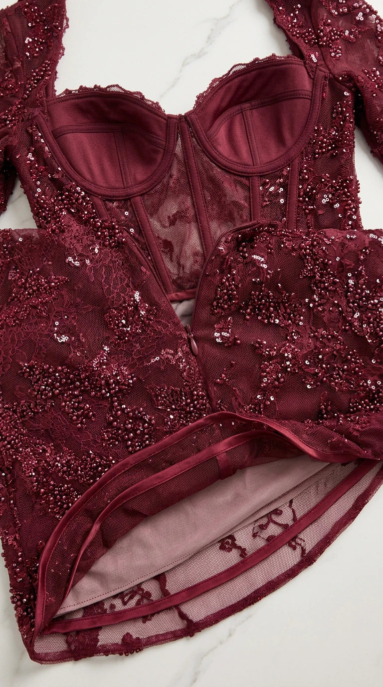 Interior detail of structured boned corset bodice and sequin lace embroidery
