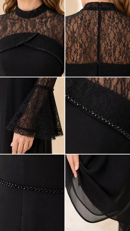 Close-up detail shots showing floral lace mock neckline, bell cuffs, beaded trim, and chiffon layers
