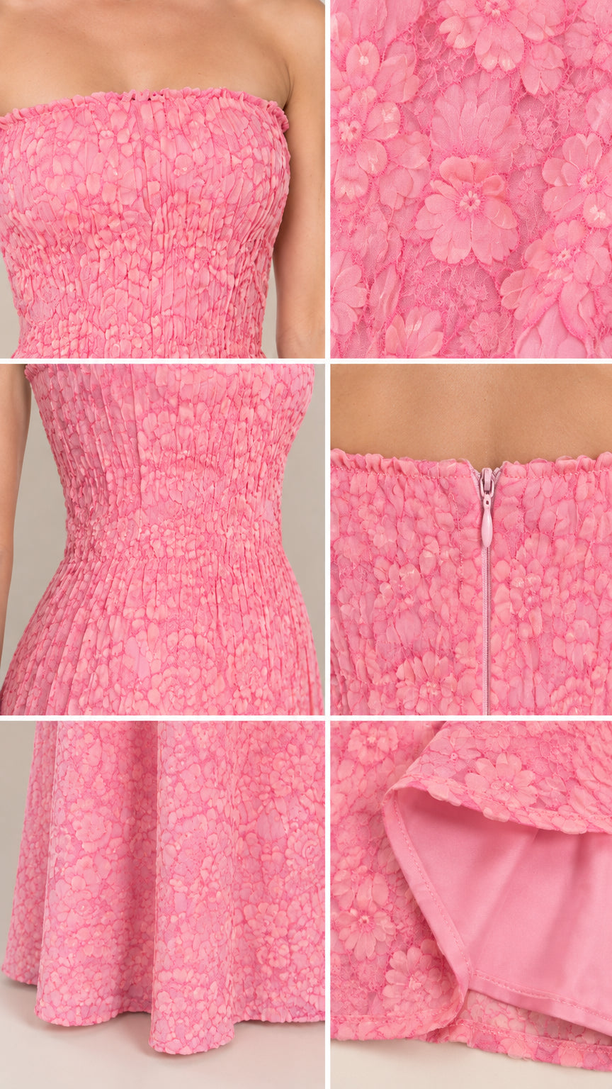 Close-up details of floral texture, bodice construction, zipper, and lining