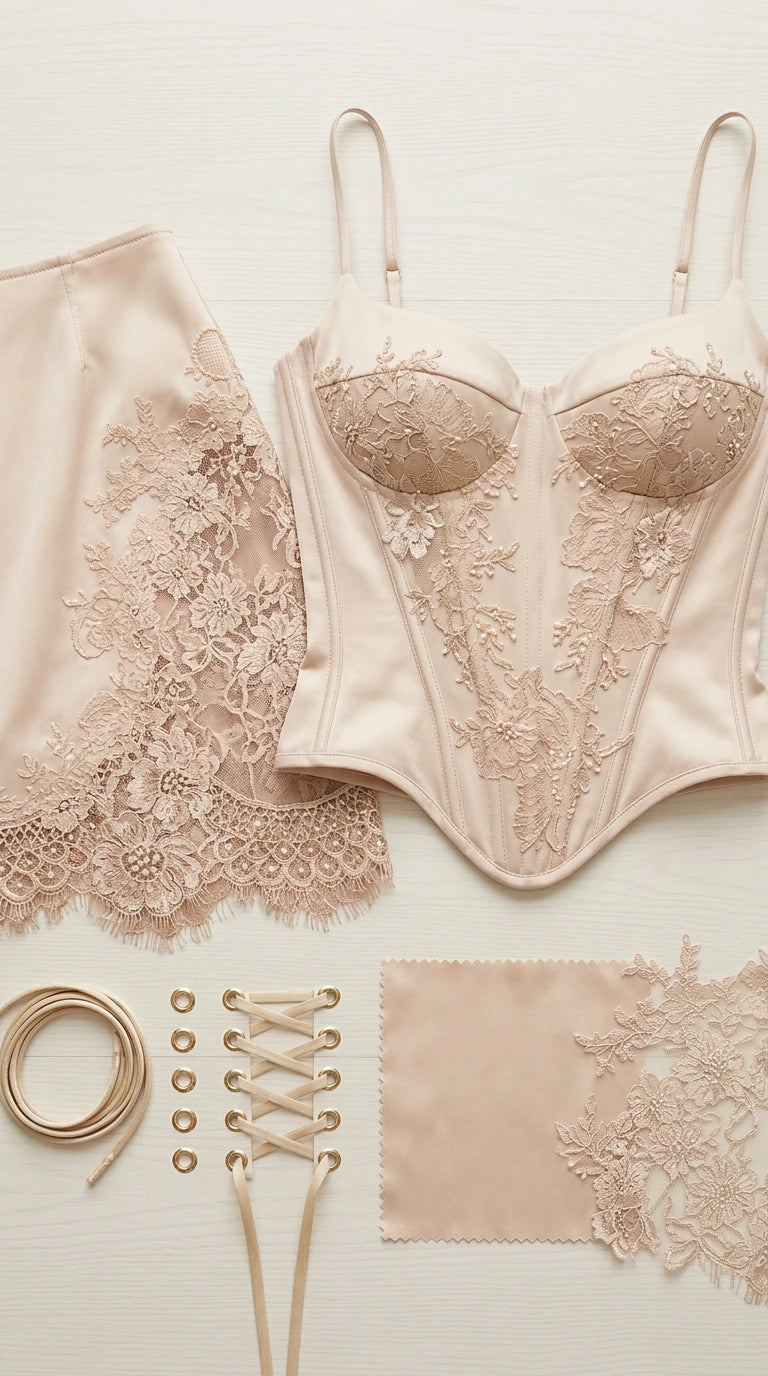 Flat lay detail shot of corset top, lace embroidery trim, satin fabric, and lace-up cord