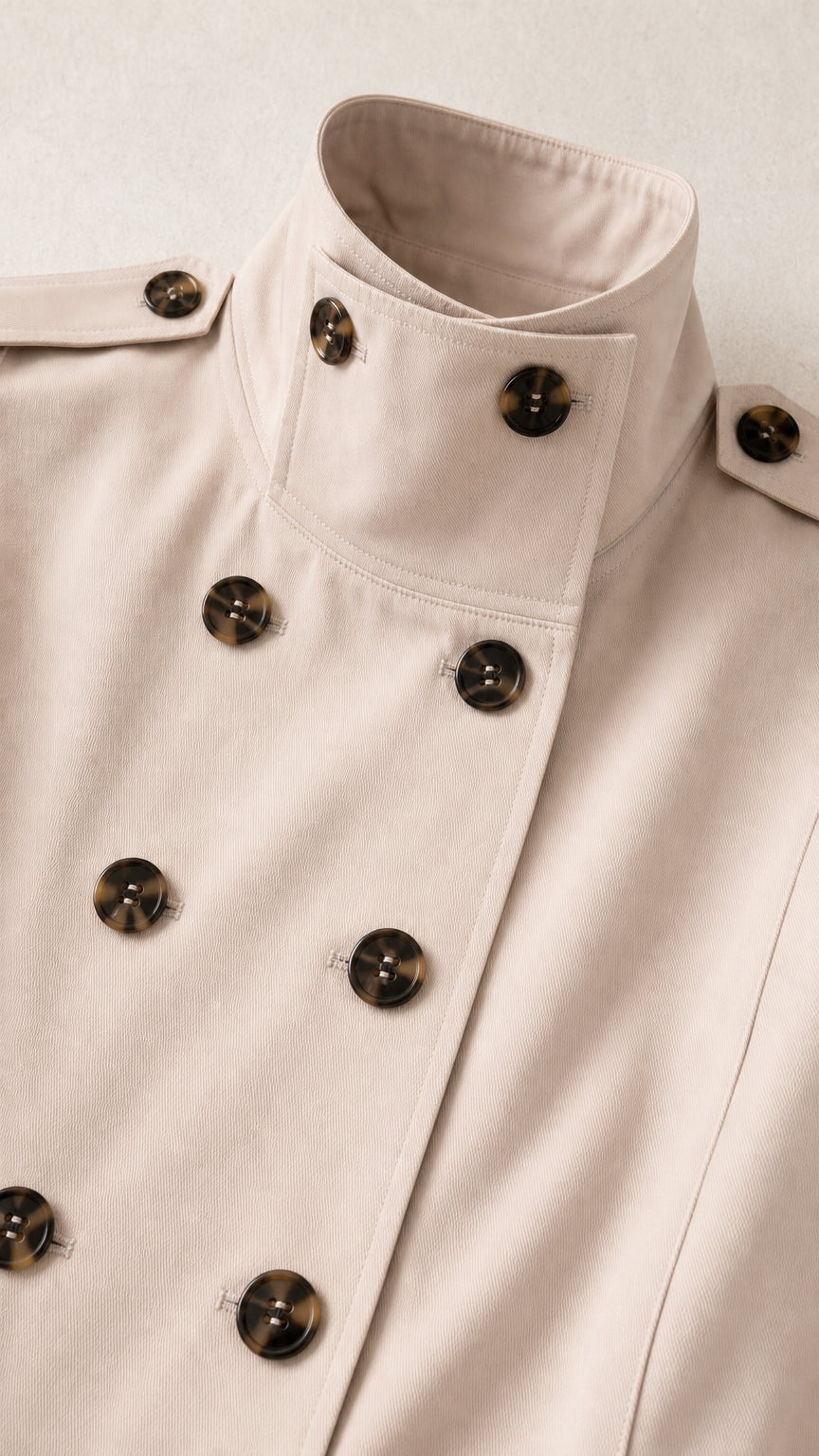 Close-up detail of beige high stand collar and double-breasted button closure with epaulettes