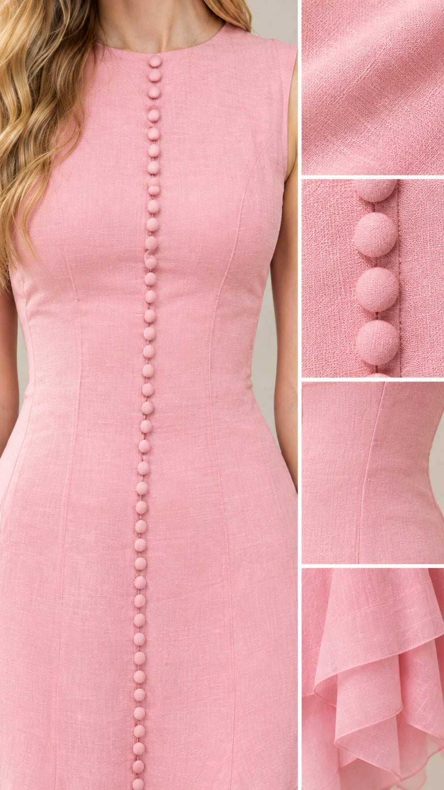 Close-up details of jewel neckline, fabric texture, and covered button front on pink dress