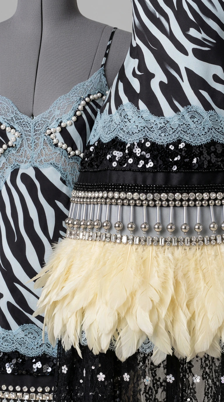 Close-up detail of beaded fringe, lace trim, and cream feather skirt embellishment