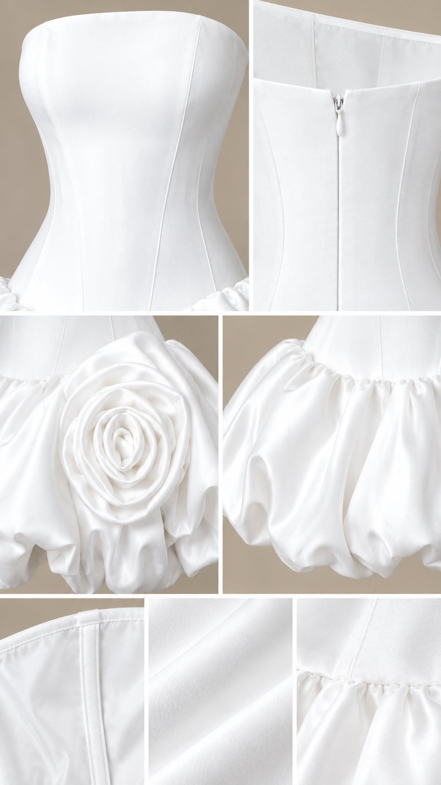 Close-up detail collage showing corset boning, hidden back zipper, 3D rosette, and bubble hem fabric