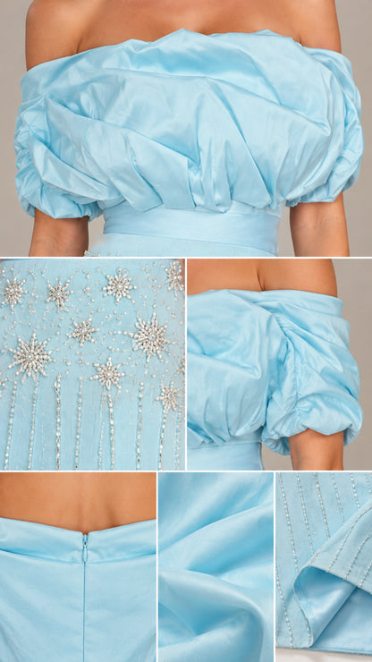 Close-up details of puffed neckline, starburst beading, fabric, and back zipper on light blue gown