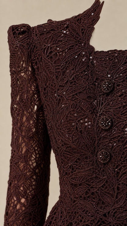 Close-up detail of Chocolate Brown sequined lace bodice and structured shoulder accents