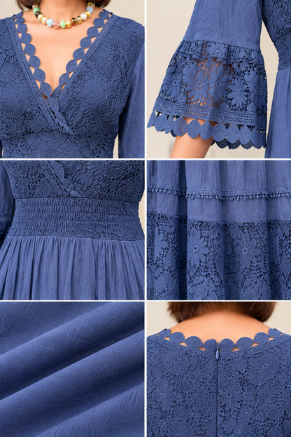 Close-up details of neckline lace, bell sleeve trim, and tiered crochet accents